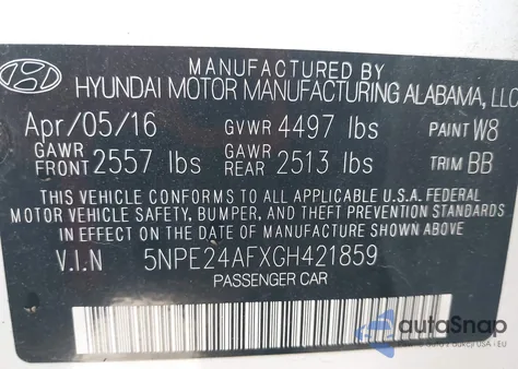 2016 Hyundai Sonata Se from USA, damaged, VIN 5NPE24AFXGH421859